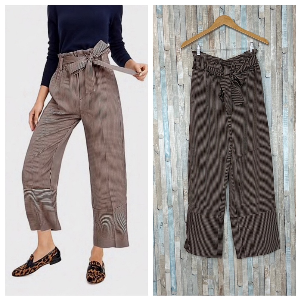 J Crew 8 Point Sur Paperbag High Rise Waist Belted Pant Stripe Work Trouser Wide